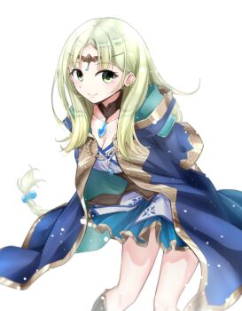 Rule 34 | 1girl, arms behind back, atelier (series), atelier lulua, blue coat, blue dress, braid, breasts, circlet, cleavage, closed mouth, coat, commentary request, cowboy shot, dress, green eyes, green hair, karasumi (aiseec), leaning forward, long hair, long sleeves, looking at viewer, parted bangs, piana (atelier), simple background, smile, solo, standing, white background