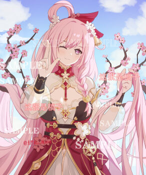 1girl ;) absurdres bell blue_sky branch breasts cherry_blossoms cleavage cloud diamond-shaped_pupils diamond_(shape) dress elf elysia_(herrscher_of_human:_ego)_(honkai_impact) elysia_(honkai_impact) elysia_(peachy_spring)_(honkai_impact) flower hair_bell hair_flower hair_ornament highres honkai_(series) honkai_impact_3rd ihoku_nina large_breasts long_hair looking_at_viewer official_alternate_costume one_eye_closed pink_hair pointy_ears purple_eyes red_dress sample_watermark sky smile solo symbol-shaped_pupils very_long_hair watermark