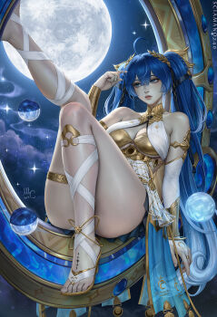 1girl ahoge ancient_greek_clothes armlet bare_shoulders black_skirt blue_eyes blue_hair breasts bridal_gauntlets cleavage closed_mouth commentary dated english_commentary feet foot_out_of_frame full_moon gold_bra greco-roman_clothes hair_between_eyes hand_up high_heel_sandals highres iuno_(wuthering_waves) jewelry knees_together_feet_apart laurel_crown leg_up leg_wrap legs long_hair medium_breasts moon multicolored_hair paid_reward_available revision sandals sciamano240 signature skirt solo streaked_hair tacet_mark_(wuthering_waves) thighlet thighs toenails toes twintails vambraces very_long_hair white_bridal_gauntlets wuthering_waves