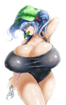 1girl 2b-ge blue_eyes blue_hair breasts cap competition_swimsuit cucumber gigantic_breasts highres kappa kawashiro_nitori one-piece_swimsuit school_swimsuit solo swimsuit thick_thighs thighs touhou wrench