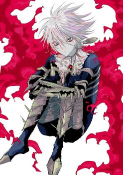 1boy armor blue_eyes cape chest_jewel collar earrings eyeshadow eyeshadow_under_eye fate/apocrypha fate/grand_order fate_(series) full_body fur_cape hair_between_eyes hugging_own_legs jewelry karna_(fate) looking_at_viewer makeup male_focus ngg_n pale_skin red_eyeshadow short_hair simple_background sitting solo spiked_collar spikes white_background white_hair