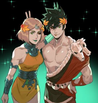 1girl ancient_greek_clothes asymmetrical_arms black_sclera blonde_hair bone brother_and_sister colored_sclera dress glowing_arm greco-roman_clothes green_eyes green_lips hades_(series) hades_1 hades_2 heterochromia highres laurel_crown melinoe_(hades) mismatched_sclera orange_dress red_eyes see-through_body short_hair siblings skeletal_arm smile tirtyturtle zagreus_(hades)