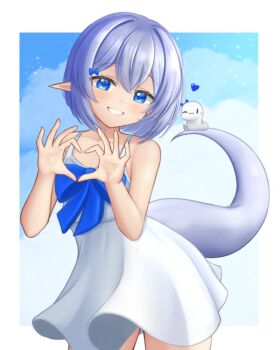 1boy ;3 bare_arms bare_shoulders basher blue_bow blue_eyes boros_(ouro_kronii) bow collarbone commentary creature_and_personification crossdressing dress english_commentary grey_hair grin heart heart_hands highres hololive hololive_english male_focus one_eye_closed personification pointy_ears smile snake_boy snake_tail solo spaghetti_strap sundress tail trap virtual_youtuber white_dress