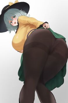 1girl absurdres alternate_breast_size_(larger) ass black_hat blush breasts brown_pantyhose feet_out_of_frame green_skirt grey_hair hat highres huge_breasts komeiji_koishi long_sleeves looking_at_viewer looking_back moriforest1040 panties panties_under_pantyhose pantyhose presenting presenting_ass shirt simple_background skirt smile solo thighband_pantyhose touhou underwear white_panties yellow_shirt