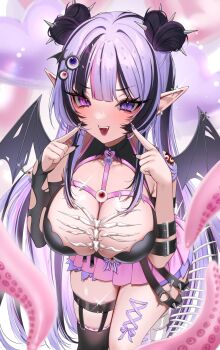 1girl aegyo_sal armpit_crease bat_wings black_bra black_collar black_nails black_streaks bra breasts chest_harness cleavage collar commentary corset_piercing cowboy_shot double-parted_bangs double_bun ear_piercing english_commentary fangs fingernails hair_bun hair_ornament hair_sprinkles hands_up harness heart heart_hair_bun heterochromia highres indie_virtual_youtuber large_breasts leaning_forward long_hair looking_at_viewer microskirt multicolored_hair nail_polish nemuaki open_mouth piercing pink_eyes pink_skirt pointing pointing_at_self pointy_ears purple_eyes purple_hair second-party_source skirt smile solo spikes sprinkle_hershy sprinkles streaked_hair tentacles torn_wings underwear vampire virtual_youtuber wings