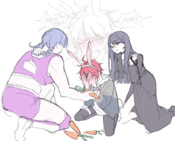 1boy 2girls blue_hair carrot collar covering_eyes crouching full_body highres kneeling korean_text mojiro_moko multiple_girls purple_hair rabbit_ears rabbit_tail red_eyes red_hair shizuhara_hiruko simple_background sumino_takumi the_hundred_line_-last_defense_academy- white_background wrestler