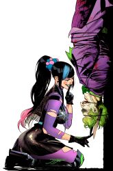 Rule 34 | 1boy, 1girl, absurdres, batman (series), black footwear, black gloves, black hair, black lips, black skirt, blue hair, boots, breasts, closed eyes, dc comics, finger to mouth, formal, from side, gloves, green hair, highres, jacket, jorgejimenezart, knee boots, kneeling, knife, large breasts, long hair, miniskirt, multicolored hair, open mouth, pants, pantyhose, pink hair, ponytail, punchline (dc), purple jacket, purple pants, purple pantyhose, purple shirt, purple suit, shirt, short hair, signature, simple background, skirt, suit, the joker, torn clothes, torn pantyhose, torn shirt, white background