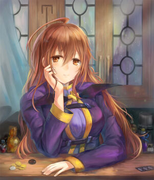 10s 1girl ahoge bad_id bad_pixiv_id blush breasts brown_eyes brown_hair coin female_focus hair_between_eyes head_rest highres kono_subarashii_sekai_ni_shukufuku_wo! large_breasts light_smile long_hair looking_at_viewer potion smile solo vial window wiz_(konosuba) yahiro_(heartseek000)