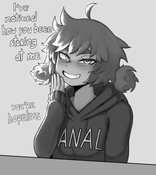 1girl ahoge amber_(vammzu) arm_up blush borrowed_character english_text freckles fuck-me_shirt grin hand_to_own_mouth highres hood hoodie looking_at_viewer monochrome original short_hair smile smug teasing teeth tonka_kryga