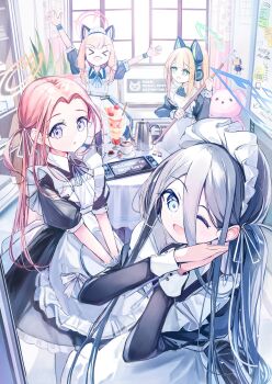 Rule 34 | > <, 4girls, :d, animal ear headphones, animal ears, apron, aqua halo, aqua ribbon, aris (blue archive), aris (maid) (blue archive), arms up, black dress, black hair, black wrist cuffs, blonde hair, blue archive, blue eyes, blush, cat ear headphones, cat ears, chosunbe, commentary, cup, doorway, dress, fake animal ears, food, forehead, frilled apron, frills, game console, game development department (blue archive), green eyes, green halo, hair between eyes, halo, hands up, headphones, highres, holding, holding mop, holding tray, indoors, juliet sleeves, kei (robot) (blue archive), long hair, long hair between eyes, long sidelocks, long sleeves, looking at viewer, low-tied sidelocks, maid apron, maid headdress, midori (blue archive), midori (maid) (blue archive), momoi (blue archive), momoi (maid) (blue archive), mop, multiple girls, neck ribbon, official alternate costume, one eye closed, one side up, open mouth, orange halo, own hands together, parfait, parted lips, pink halo, pov doorway, power symbol, puffy short sleeves, puffy sleeves, purple eyes, rectangular halo, red hair, ribbon, short sleeves, siblings, sidelocks, sisters, smile, teacup, teapot, toy robot, tray, twins, v arms, white apron, white ribbon, wrist cuffs, xd, yuzu (blue archive), yuzu (maid) (blue archive)