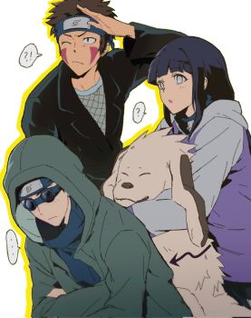 !? ... 1girl 2boys ? aburame_shino akamaru_(naruto) arm_around_neck black_hair black_jacket blue_headband blue_shirt blunt_bangs border brown_hair commentary_request crossed_arms dog facial_mark fishnet_top fishnets goggles grey_eyes grey_hoodie grey_jacket headband headband_around_neck highres hime_cut hood hood_down hood_up hooded_jacket hoodie hyuuga_hinata inuzuka_kiba jacket konohagakure_symbol korean_commentary light_blush long_hair msggaduk01 multiple_boys naruto_(series) naruto_shippuuden no_pupils one_eye_closed parted_lips purple_vest shading_eyes shirt short_hair spiked_hair spoken_ellipsis spoken_question_mark upper_body vest white_background yellow_border