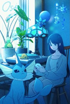 1girl animated blue_eyes book brown_hair budew cardigan chair gen_1_pokemon gen_3_pokemon gen_4_pokemon gen_5_pokemon glimmet joltik lamp lunatone nintendo oshiruko_(oshiruko_s2) phonograph plant pokemon pokemon_(creature) potted_plant rain reading shorts sitting solrock table tagme vaporeon video window