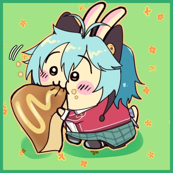 Rule 34 | ahoge, animal ears, back bow, blue hair, border, bow, chibi, commentary, double-parted bangs, eating, eiyuu densetsu, english commentary, food, green background, green border, hair between eyes, highres, holding, holding food, jacket, millium orion, plaid clothes, plaid skirt, rabbit ears, school uniform, sen no kiseki (series), sen no kiseki i, short hair, simple background, skirt, thors military academy class vii uniform, tofuloafu7