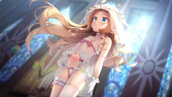 1girl babydoll blonde_hair blue_eyes blush bridal_lingerie cathedral choker church flat_chest frilled_choker frilled_thigh_strap frills game_asset garter_belt garter_straps gloves light_particles light_rays lingerie loli long_hair looking_to_the_side lufia_(reijuu_no_acolyte_lufia) navel nipples non-web_source panties reijuu_no_acolyte_lufia see-through_babydoll see-through_clothes smile solo stained_glass tanabe_kyou thigh_strap underwear veil visual_novel_cg white_panties