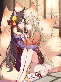 2girls animal_ear_fluff animal_ears barefoot bell blonde_hair bow candle chibinekopan closed_eyes closed_mouth commentary_request fingernails flower foot_out_of_frame fox_ears fox_girl fox_tail fur-trimmed_kimono fur_trim hair_between_eyes hair_bow hair_flower hair_ornament hair_ribbon half_updo hand_on_another&#039;s_head hands_up heads_together highres hug indoors japanese_clothes jingle_bell kemonomimi_mode kimono kitsune kneehighs knees_up kyuubi light_blush long_hair long_sleeves looking_at_another multiple_girls multiple_tails nail_polish obi official_alternate_costume on_floor orange_kimono parted_bangs purple_eyes purple_kimono red_bow red_lips red_nails red_ribbon ribbon saijou_claudine sash shoujo_kageki_revue_starlight shoujo_kageki_revue_starlight_-re_live- sitting sitting_on_lap sitting_on_person socks tail tatami tendou_maya two-tone_bow very_long_hair white_socks wide_sleeves x_hair_ornament yellow_bow yellow_flower yellow_ribbon yokozuwari yuri