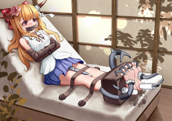 absurdres armbinder barefoot bound bound_thighs bound_toes brushing commission crying crying_with_eyes_open gag highres ibuki_suika improvised_gag legs lotion non-web_source oiled self-upload senyahiro shiny_skin soles stocks tape tape_gag tears tickle_torture tickling tickling_feet toes touhou