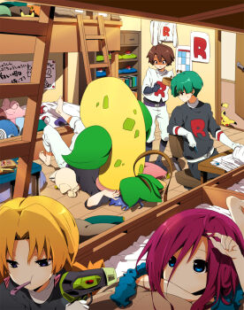 2girls 3boys bed blonde_hair blue_eyes blue_hair brown_hair bunk_bed butch_(pokemon) cassidy_(pokemon) clefairy gen_1_pokemon green_hair holding holding_paper james_(pokemon) jessie_(pokemon) kapirusu meowth mondo_(pokemon) multiple_boys multiple_girls nintendo objectification paper pikachu poke_ball poke_ball_(basic) pokemon pokemon_(anime) pokemon_(classic_anime) pokemon_(creature) poliwhirl red_hair stuffed_toy team_rocket victreebel