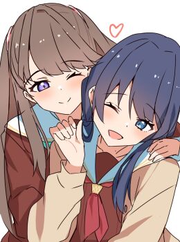 2girls ;) ;d aqua_neckerchief blue_eyes blue_hair brown_cardigan brown_dress brown_hair cardigan commentary_request commission dress fujishima_megumi haruno_riku hasu_no_sora_school_uniform heart highres link!_like!_love_live! long_hair long_sleeves love_live! low_twintails multiple_girls murano_sayaka neckerchief one_eye_closed open_cardigan open_clothes open_mouth purple_eyes red_neckerchief sailor_collar sailor_dress school_uniform simple_background skeb_commission smile twintails two_side_up virtual_youtuber white_background white_sailor_collar winter_uniform