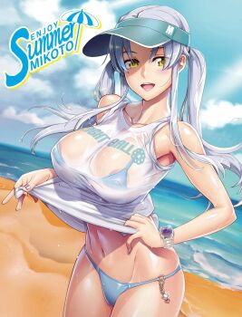 1girl absurdres areola_slip bare_arms beach bikini blue_bikini blue_sky blush clothes_lift cloud collarbone covered_erect_nipples day grey_hair highres long_hair looking_at_viewer navel o-ring o-ring_bikini ocean open_mouth outdoors satou_shouji see-through_clothes see-through_shirt shirt shirt_lift sidelocks sky sleeveless sleeveless_shirt smile solo swimsuit triage_x twintails undressing visor_cap watch wet wet_clothes white_shirt wristwatch yellow_eyes