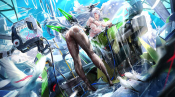 1girl absurdres arm_cutout ass assault_visor bent_over bird black_bow black_pantyhose blue_sky bow breast_rest breasts cameltoe clothing_cutout commentary criss-cross_strings crosscore day dk.senie dutch_angle elbow_rest floating_hair from_behind green_trim hand_on_own_cheek hand_on_own_face headgear high-waist_pantyhose highres holding holding_hose hose hose_nozzle large_breasts leaning long_hair looking_at_viewer looking_back mecha mop nebula_(crosscore) noctilucent_(crosscore) non-humanoid_robot official_alternate_costume open_mouth outdoors pantyhose red_eyes robot sandals see-through_clothes sky soap_bubbles solo standing star_(symbol) star_in_eye symbol_in_eye three-quarter_sleeves turning_head very_long_hair water wet wet_clothes white_hair