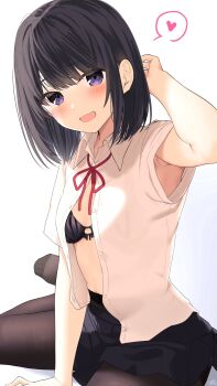 1girl arm_up armpit_peek armpits black_hair black_hair-chan_(ramchi) black_skirt bow collared_shirt commentary highres light_blush looking_at_viewer medium_hair original out_of_frame pantyhose purple_eyes ramchi red_bow school_uniform shirt sitting skirt solo swept_bangs unbuttoned unbuttoned_shirt white_background white_shirt