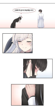 1boy 2girls absurdres apologizing bent_over black_hair blue_archive blunt_bangs blush business_suit comic commentary_request formal_clothes grey_hair hair_between_eyes halo hand_on_another's_shoulder highres himari_(blue_archive) junu_(jwoo5627) korean_commentary korean_text long_hair long_sleeves multiple_girls parted_bangs pointy_ears problem_solver_sensei_(blue_archive) prostration rio_(blue_archive) school_uniform sensei_(blue_archive) sidelocks suit translation_request