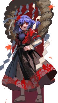 1girl autumn_leaves black_skirt brown_sandals commentary_request falling_leaves floral_print frilled_sleeves frills gradient_background hair_ornament high-waist_skirt highres layered_sleeves leaf leaf_hair_ornament long_sleeves medium_hair mirror open_mouth purple_hair red_eyes red_shirt red_skirt rope rope_belt sandals shimenawa shirt short_over_long_sleeves short_sleeves skirt slit_pupils solo standing suna_(s73d) touhou waraji white_background white_shirt yasaka_kanako