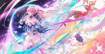 Rule 34 | 1girl, absurdres, aemeath (wuthering waves), bare shoulders, breasts, chinese commentary, cleavage, commentary request, elbow gloves, gloves, highres, holding, holding mirror, leotard, long hair, looking at viewer, medium breasts, mirror, open mouth, pink hair, ponytail, sagi (sagi 0116), showgirl skirt, skirt, smile, solo, strapless, strapless leotard, tacet mark (wuthering waves), thighs, white gloves, white leotard, white skirt, wuthering waves, yellow eyes