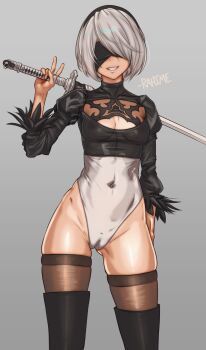 1girl 2b_(nier:automata) absurdres areola_slip artist_name black_feathers black_hairband black_leotard blindfold bob_cut boots breasts brown_thighhighs cameltoe cleavage cleavage_cutout clothing_cutout commentary covered_erect_nipples covered_eyes covered_navel cowboy_shot english_commentary facing_viewer feather-trimmed_sleeves feathers grey_background grin hair_over_one_eye hairband highleg highleg_leotard highres holding holding_sword holding_weapon juliet_sleeves lace-trimmed_leotard lace_trim leotard lips long_sleeves medium_breasts mole mole_under_mouth multicolored_leotard nier:automata nier_(series) over_shoulder puffy_sleeves rahime short_hair signature simple_background skindentation smile solo standing sword sword_over_shoulder thigh_boots thighhighs turtleneck two-tone_leotard v very_long_sleeves weapon weapon_over_shoulder white_hair white_leotard