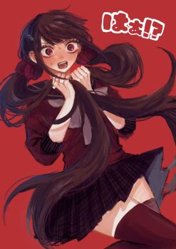 Rule 34 | 1girl, absurdres, bo kin 3, brown hair, danganronpa (series), danganronpa v3: killing harmony, hair ornament, hair scrunchie, hands up, harukawa maki, highres, long hair, long sleeves, low twintails, mole, mole under eye, pleated skirt, red background, red eyes, red scrunchie, red shirt, red thighhighs, sailor collar, school uniform, scrunchie, shirt, skirt, solo, thighhighs, translation request, twintails, zettai ryouiki