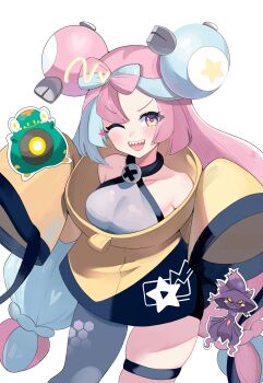 1girl absurdres bellibolt blue_hair bow-shaped_hair breasts character_hair_ornament collarbone gen_4_pokemon grey_pantyhose hair_ornament hexagon_print highres iono_(pokemon) jacket kanu_(dekanuchanyan) long_hair low-tied_long_hair medium_breasts mismagius multicolored_hair nintendo one_eye_closed open_mouth oversized_clothes pantyhose pink_hair pokemon pokemon_sv sharp_teeth single_leg_pantyhose sleeveless sleeves_past_fingers sleeves_past_wrists smile solo split-color_hair teeth two-tone_hair x_(symbol) yellow_jacket