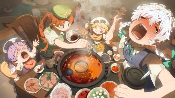 +_+ 6+girls :p absurdres aged_down baby_bottle beret bib black_hair blonde_hair blue_vest blush bottle bow bowl braid chair chinese_commentary chopsticks closed_eyes collared_shirt commentary_request crying cup curtained_hair disposable_coffee_cup disposable_cup drinking_straw fisheye flandre_scarlet food foreshortening fujiwara_no_mokou full-face_blush green_bow green_eyes green_hat green_ribbon green_skirt green_vest grey_hair hair_bow hand_up hat hat_ornament high_chair highres holding holding_bottle holding_bowl holding_chopsticks holding_cup holding_tray hong_meiling hotpot houraisan_kaguya indoors intestines izayoi_sakuya kinoko_(kino2435006) konpaku_youmu konpaku_youmu_(ghost) ladle laughing light_blush long_hair long_skirt looking_up maid_headdress meat mob_cap multiple_girls multiple_hair_bows mushroom neck_ribbon on_chair open_hand open_mouth orange_hair outstretched_arms pants pink_hair pink_shirt plate pointing pointing_at_another ponytail puffy_short_sleeves puffy_sleeves purple_vest quail_egg red_eyes red_pants red_skirt red_suspenders remilia_scarlet restaurant ribbon sauce shirt short_hair short_sleeves side_braids sitting skirt skirt_set small_sweatdrop smile solid_oval_eyes soup spicy star_(symbol) star_hat_ornament steam sweat table teardrop tearing_up teeth toddler tongue tongue_out touhou tray tripe very_long_hair vest white_bow white_hair white_hat white_shirt