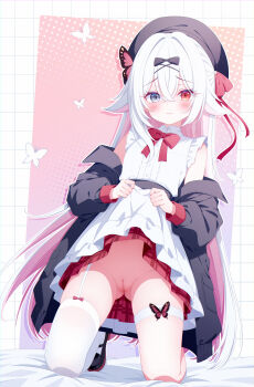 1girl absurdres black_hat black_jacket black_shoes blue_eyes blush bow bowtie bug butterfly butterfly_hair_ornament center_frills character_request chinese_commentary closed_mouth clothes_lift colored_inner_hair commentary_request commission copyright_request dress embarrassed frills garter_straps hair_between_eyes hair_ornament hat heterochromia highres insect jacket kneeling lifting_own_clothes long_hair looking_at_viewer multicolored_hair no_panties ohako_miyu open_clothes open_jacket pink_hair pussy red_bow red_bowtie red_eyes red_skirt shoes single_thighhigh skirt skirt_lift solo thigh_strap thighhighs underwear variant_set very_long_hair white_dress white_hair white_thighhighs x_hair_ornament