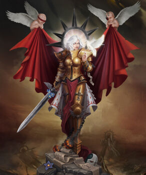 1girl armor armored_boots artificial_eye banner battle_standard beads bird blindfold blue_flower boobplate boots breastplate breasts cape chain cherub closed_mouth commentary dove ecclesiarchy_(warhammer) english_commentary fantasy fleur-de-lis flower full_armor glowing glowing_eyes gold_armor gorget greaves halo helm helmet highres holding holding_prayer_beads holding_sword holding_weapon imperial_aquila iron_halo klaher_baklaher living_saint long_hair mechanical_eye ornate_armor pauldrons pelvic_curtain power_armor purity_seal red_cape red_eyes saint_celestine scripture shoulder_armor signature skull skull_ornament solo spiked_halo sword unworn_headwear unworn_helmet waist_cape war_banner warhammer_40k weapon white_bird white_eyes white_hair wings