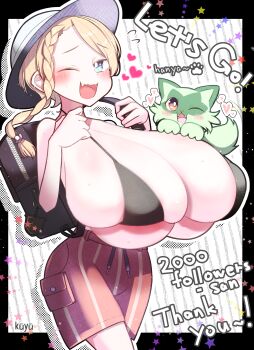 1girl backpack bag black_border black_bra blonde_hair blue_eyes blush border bra breasts bridge bursting_breasts cat english_text fang female_focus gigantic_breasts hat huge_breasts juliana_(pokemon) juliana_(pokemon)_(cosplay) kuyu730 looking_at_viewer milestone_celebration necktie nintendo no_shirt one_eye_closed open_mouth orange_shorts original pale_skin pokemon pokemon_sv school_uniform shiny_skin short_hair shorts skin_fang smile solo sprigatito standing thank_you undersized_bra underwear white_background white_hat wink