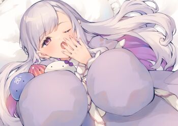 1girl absurdres commentary_request commission grey_hair hair_spread_out hand_to_own_mouth head_on_pillow highres hugging_doll hugging_object indie_virtual_youtuber long_hair long_sleeves lying on_back on_bed one_eye_closed open_mouth pajamas pillow puffy_long_sleeves puffy_sleeves purple_eyes purple_pajamas second-party_source solo stuffed_toy tamaki_iori umi_omi upper_body virtual_youtuber yawning