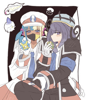 2girls bad_id bad_pixiv_id black_coat black_hat blonde_hair blue_hair blush canari_(pokemon) coat cosplay dark-skinned_female dark_skin emmet_(pokemon) emmet_(pokemon)_(cosplay) eyelashes gen_5_pokemon gloves gwynn_(pokemon) han0579 hat highres holding holding_poke_ball ingo_(pokemon) ingo_(pokemon)_(cosplay) litwick long_sleeves looking_at_another mask mouth_mask multicolored_hair multiple_girls necktie nest_ball nintendo poke_ball poke_ball_symbol pokemon pokemon_(creature) pokemon_bw pokemon_legends:_z-a purple_eyes purple_hair quick_ball short_hair split-color_hair two-tone_hair tynamo unworn_hat unworn_headwear white_coat white_gloves white_hat