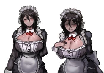 1girl black_hair bow bowtie breasts cleavage hand_on_own_chest highres how_to_date_an_entity_(and_stay_alive) large_breasts long_hair looking_at_viewer maid mole mole_on_breast mrs._(how_to_date_an_entity) original pale_skin sfour_s4 simple_background smile solo standing white_background