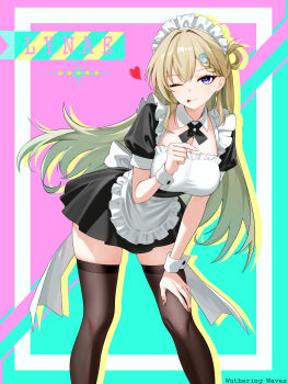 Rule 34 | 1girl, ;p, absurdres, alternate costume, apron, black dress, black thighhighs, blonde hair, braid, braided bangs, breasts, character name, closed mouth, commentary, copyright name, drawing qka, dress, earrings, english commentary, enmaided, feet out of frame, finger heart, fingernails, frilled apron, frills, green nails, hand up, heart, highres, jewelry, leaning forward, long hair, looking at viewer, lynae (wuthering waves), maid, maid headdress, medium breasts, multicolored nails, nail polish, one eye closed, paw hair ornament, puffy short sleeves, puffy sleeves, purple eyes, purple nails, short sleeves, smile, solo, thighhighs, thighs, tongue, tongue out, waist apron, wuthering waves