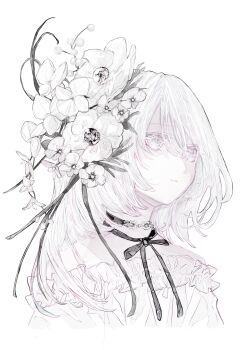 Rule 34 | 1girl, absurdres, black choker, choker, closed mouth, commentary request, cropped shoulders, expressionless, flower, hair between eyes, highres, long hair, neck ribbon, off-shoulder shirt, off shoulder, original, pale skin, ribbon, shirt, signature, simple background, sin0a, solo, white background, white eyes, white flower, white hair, white shirt, white theme
