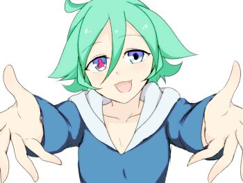 Rule 34 | 1girl, 9rimson, blue eyes, blue hoodie, commentary request, double-parted bangs, fang, green hair, hair between eyes, hands up, hood, hood down, hoodie, incoming hug, looking at viewer, mismatched pupils, neru (9rimson), open mouth, original, reaching, reaching towards viewer, short hair, simple background, smile, solo, symbol-shaped pupils, upper body, white background