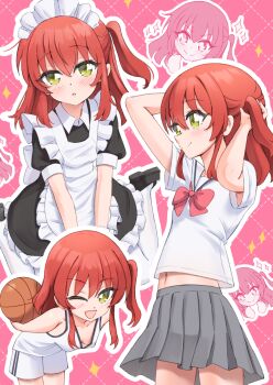 >:) +_+ 1girl :o ;d apron arms_behind_back back_bow ball basketball_(object) black_dress blush bocchi_the_rock! bow bowtie closed_mouth commentary cowboy_shot dress frilled_apron frilled_dress frills grey_skirt gym_shirt gym_shorts gym_uniform hair_between_eyes happy highres holding holding_ball kita_ikuyo looking_at_viewer maid maid_apron maid_headdress medium_hair midriff miniskirt multiple_views navel one_eye_closed one_side_up open_mouth outline paid_reward_available pantyhose pink_background pink_bow pink_bowtie pleated_skirt puffy_short_sleeves puffy_sleeves red_hair retumihari school_uniform serafuku shirt short_sleeves shorts simple_background sitting skirt sleeveless sleeveless_shirt smile sparkle split_mouth t-shirt tying_hair v-shaped_eyebrows wariza white_apron white_bow white_outline white_pantyhose white_shirt white_shorts yellow_eyes