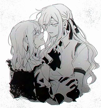 Rule 34 | 2girls, bang dream!, bang dream! it's mygo!!!!!, blush, collared shirt, doloris (bang dream!), dress, earrings, gloves, greyscale, hair ribbon, holding hands, interlocked fingers, jewelry, long hair, looking at another, maybecrosswise, misumi uika, monochrome, multiple girls, oblivionis (bang dream!), open mouth, parted lips, puffy short sleeves, puffy sleeves, ribbon, shirt, short sleeves, smile, togawa sakiko, two side up, upper body, yuri