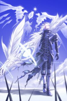 Rule 34 | 1boy, amputee, armless amputee, armored boots, black coat, blonde hair, boots, coat, covered eyes, feathers, gun, highres, hushuki 0v0, male focus, monster arm, sky, spikes, standing, torn clothes, trigun, vash the stampede, weapon, white feathers, winged weapon