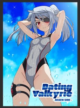 1girl alternate_hairstyle armpits arms_behind_head blue_sky breasts cloud commentary_request cowboy_shot eyepatch gluteal_fold grey_hair grey_one-piece_swimsuit highres honeycomb_(pattern) honeycomb_print infinite_stratos laura_bodewig long_hair multicolored_swimsuit one-piece_swimsuit red_eyes sky small_breasts smile solo swimsuit thigh_strap twintails yurizuku_owl