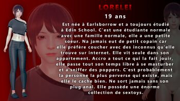 1girl black_background brown_eyes female_pubic_hair french french_text gradient_background highres midriff navel nude pubic_hair purple_hair red_background shiny_clothes shiny_legwear short_hair solo translated