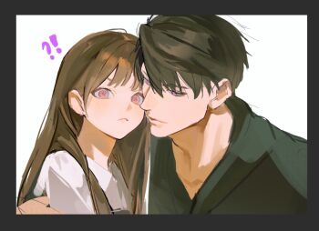 !? 1boy 1girl black_hair black_shirt brown_hair caleb_(love_and_deepspace) closed_mouth couple frown hetero hug_from_side light_blush love_and_deepspace pink_eyes protagonist_(love_and_deepspace) qi_xia shirt short_hair simple_background swept_bangs very_short_hair white_background
