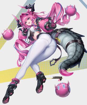 Rule 34 | > <, 1girl, absurdres, arknights, arknights: endfield, ass, black gloves, black horns, black shoes, blue eyes, blush, breasts, chinese commentary, commentary request, detached sleeves, double bun, double v, dragon girl, dragon horns, dragon tail, freepose777, full body, gloves, gradient tail, green tail, grey background, hair bun, hair intakes, hair ornament, hairclip, highres, horns, jacket, large breasts, long hair, long sleeves, looking at viewer, midriff, multicolored eyes, multicolored hair, multicolored horns, open mouth, pants, pink gloves, pink hair, pink horns, pink jacket, pink pupils, pink sleeves, pink tail, pointy ears, shoes, smile, streaked hair, tail, teeth, thighs, twintails, twitter username, two-tone eyes, two-tone hair, two-tone horns, two-tone tail, upper teeth only, v, white pants, yvonne (arknights)