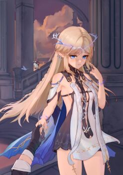 1boy 2girls 603dekuankuan absurdres bare_shoulders black_dress black_gloves blonde_hair blue_eyes blush breasts carlotta_(wuthering_waves) cartethyia_(wuthering_waves) commentary_request crown_of_thorns dress earrings gloves hand_up highres jewelry long_hair looking_at_viewer male_rover_(wuthering_waves) multiple_earrings multiple_girls necklace parted_bangs parted_lips peeking_out pointy_ears pov pov_hands rover_(wuthering_waves) sidelocks small_breasts solo_focus tabard tacet_mark_(wuthering_waves) thighs twirling_hair white_tabard wuthering_waves