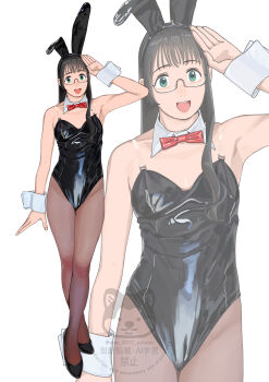 1girl absurdres alternate_costume animal_ear_hairband animal_ears black_hair black_leotard black_shoes bow bowtie brown_pantyhose detached_collar fake_animal_ears green_eyes hairband highres kantai_collection leotard long_hair ojipon ooyodo_(kancolle) open_mouth pantyhose playboy_bunny rabbit_ears red_bow red_bowtie see-through_strap shoes simple_background smile solo strapless strapless_leotard watermark white_background wrist_cuffs zoom_layer